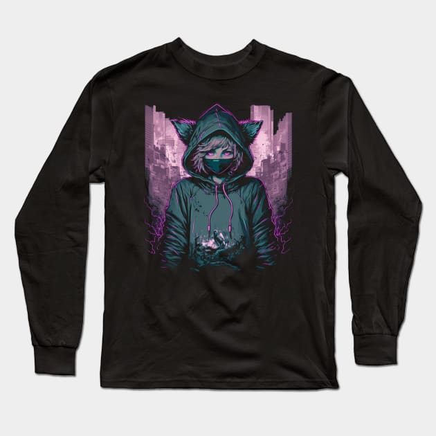 Anime hooded Catgirl silkscreen Long Sleeve T-Shirt by nickedenholm